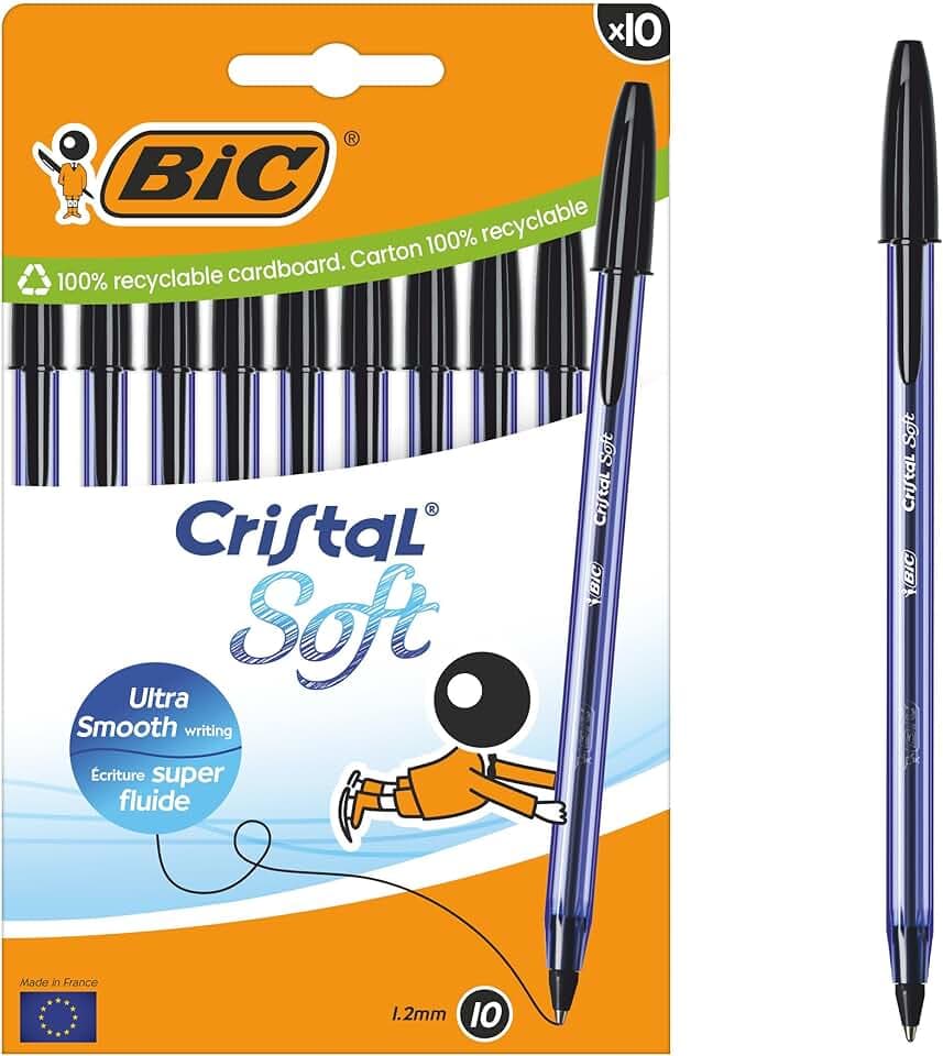 BIC Penne a Sfera Cristal Soft con Punta Media (1,2 mm) e Inchiostro Softline - Nero, Confezione da 10