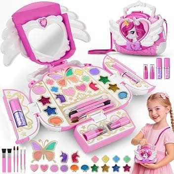 Trucchi Bambina Set Unicorno 3-12, Sicuro Lavabile kit di Trucco da principessa DIY Bambini con Specchio e Cinturino, Valigetta Trucchi Natale Feste Compleanno Regalo Bambina 4 5 6 7 8 9 10 11 12Anni