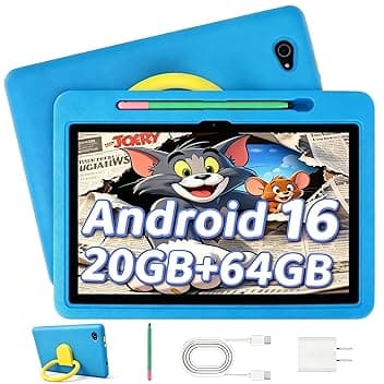 Tablet Bambini 10 Pollici Android 16 Tablet, 20GB 1TB TF, Controllo Parentale, 8MP Fotocamera, 6000mAh, WiFi 6/BT 5.3, Tablet con Custodia Protettiva - Blu