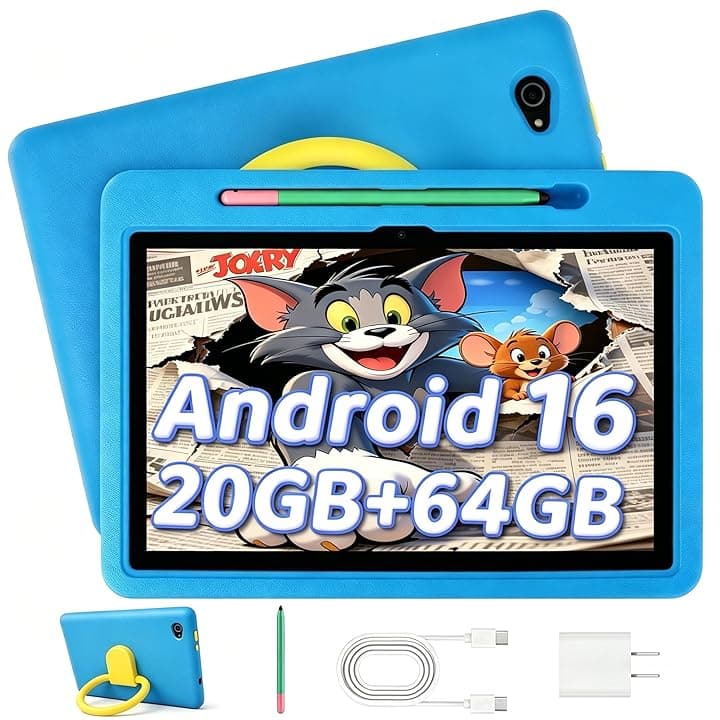 Tablet Bambini 10 Pollici Android 16 Tablet, 20GB 1TB TF, Controllo Parentale, 8MP Fotocamera, 6000mAh, WiFi 6/BT 5.3, Tablet con Custodia Protettiva - Blu