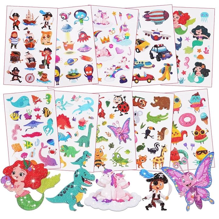ACWOO Tatuaggi Temporanei per Bambini, Brillante Tatuaggi Finti per Ragazze Ragazzi, 10 Fogli Unicorno + Animale + Dinosauro Tatuaggi Temporanei Set, Giocattoli Gadget per Ragazza Bambini Adulti Festa
