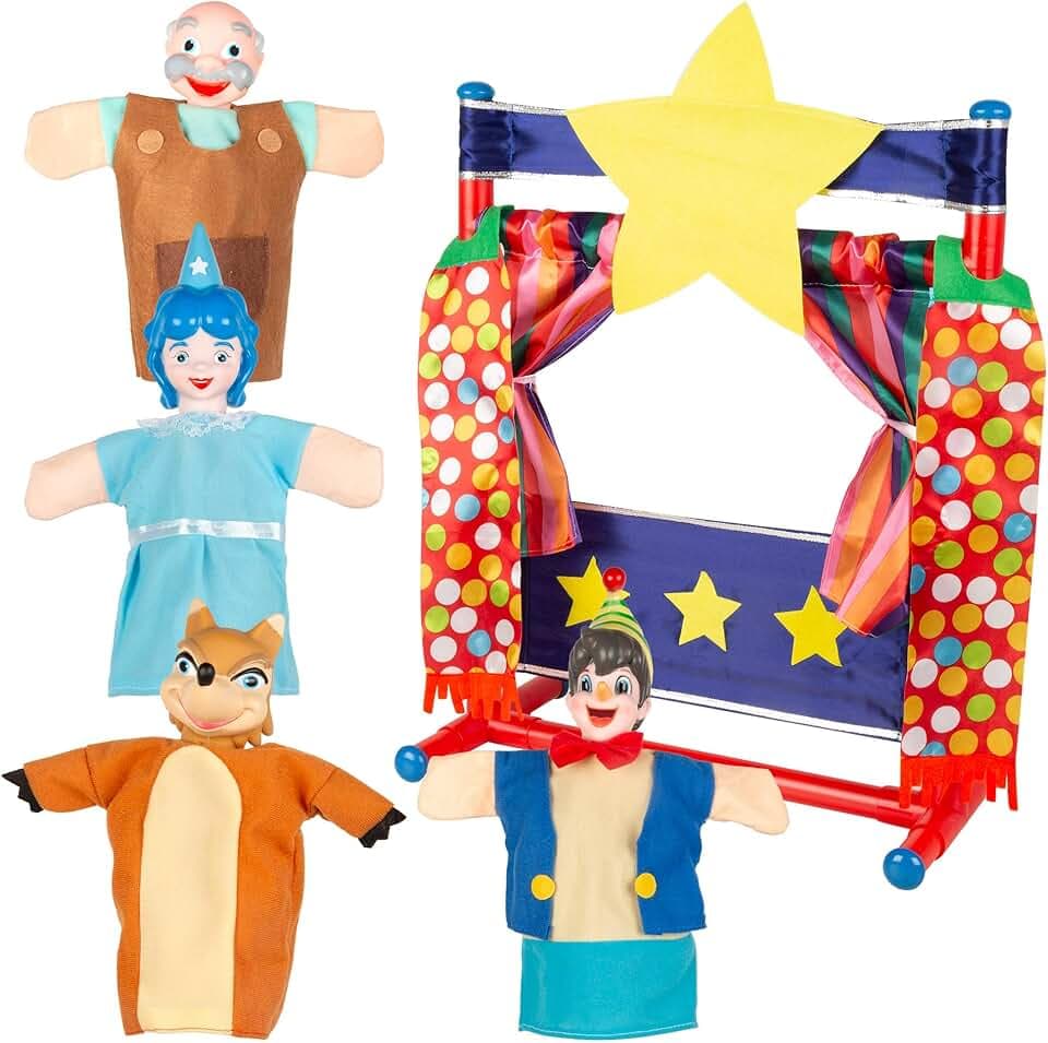 ColorBaby Cucu Show Set Teatro Burattini Pinocchio, 4 burattini 25 cm, Materiali Morbidi e sicuri, Giocattoli per Bambini, per Giocare in Gruppo o trascorrere del Tempo in Famiglia (39172)