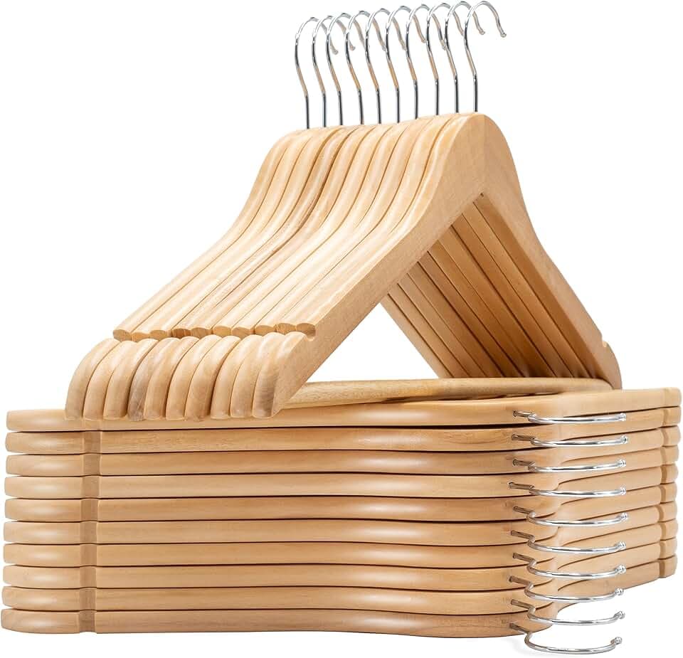 edihome, Grucce Legno, Confezione da 20, Appendiabiti con Scanalature su Spalle, Gancio Girevole a 360° e Barra Portapantaloni Antiscivolo, per Completi Camicie Cappotti (Legno, 20 unità)