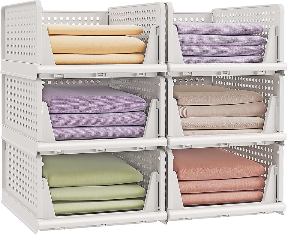 SONGMICS Organizer per Armadio Pieghevole, Set di 6 Organizzatori Cesti Impilabili Scorrevoli per Armadio, Cassetti in Plastica per Camera da Letto Ufficio Bagno, Bianco LPC600WZ01