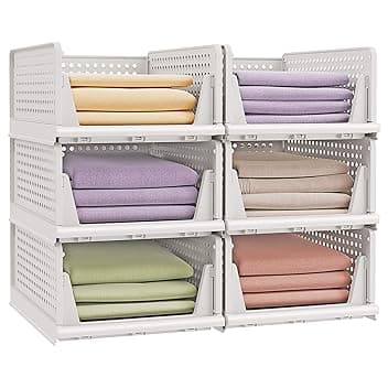 SONGMICS Organizer per Armadio Pieghevole, Set di 6 Organizzatori Cesti Impilabili Scorrevoli per Armadio, Cassetti in Plastica per Camera da Letto Ufficio Bagno, Bianco LPC600WZ01
