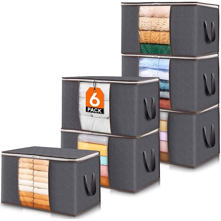 Lifewit Scatole per Armadio, Scatole Vestiti, Organizer Armadio per Piumoni, Scatola Trasloco, Buste Pieghevole per Indumenti, Coperte, Biancheria da Letto, Grigio, 60L, 6 Pezzi Recycled Claim Standard 100