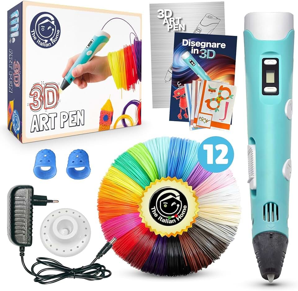 The Italian Home® Penna 3D + Filamenti PLA 12 Colori (2 Fluoerescenti) + Istruzioni in Italiano e Guida illustrata in Omaggio - Penna 3D bambini 10 anni
