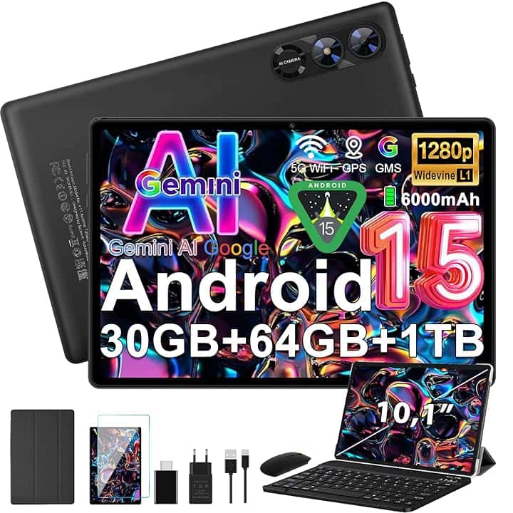 Android 15 Tablet 10 Pollici Gemini AI, Tablet PC Octa-Core, 30 GB RAM + 64 GB ROM (1TB TF), 3.5mm Audio/GMS/WiFi 6 & BT 5.0 / 6000mAh / GPS/Widevine L1,Tablets con Tastiera e Mouse-nero