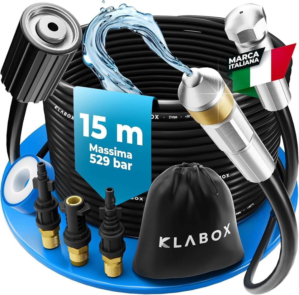 Sonda Sturatubi per Idropulitrice 15 Metri | Compatibile con Karcher K2-K7, Lavor, Bosch, Parkside e Altre Marche | | Include 3 Adattatori, 2 Ugelli, 1 Borsa e 1 Nastro Teflon