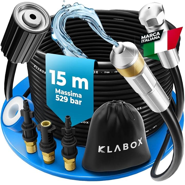 Sonda Sturatubi per Idropulitrice 15 Metri | Compatibile con Karcher K2-K7, Lavor, Bosch, Parkside e Altre Marche | | Include 3 Adattatori, 2 Ugelli, 1 Borsa e 1 Nastro Teflon