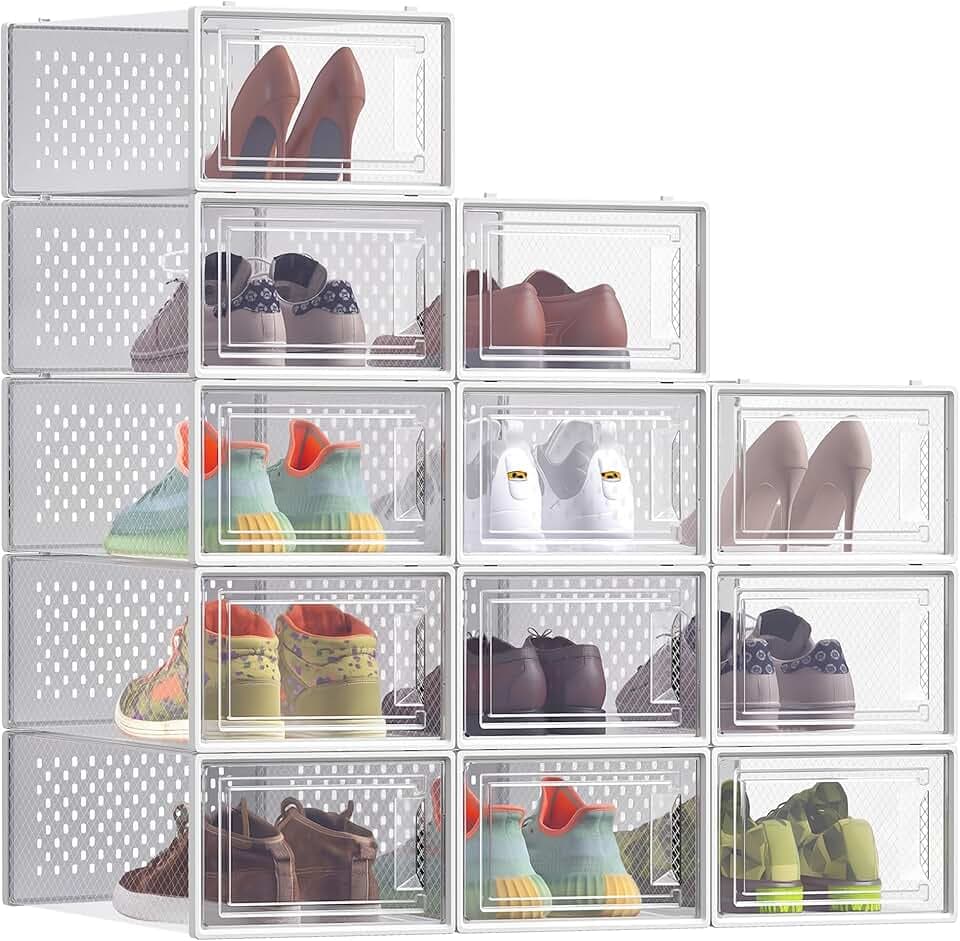 SONGMICS Scatole per Scarpe, Contenitori per Scarpe, Organizzatori Portascarpe Pieghevoli e Impilabili, Fino alla Taglia 43, Set di 12, Trasparente e Bianco Nuvola LSP066W12 Global Recycled Standard