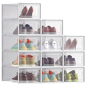 SONGMICS Scatole per Scarpe, Contenitori per Scarpe, Organizzatori Portascarpe Pieghevoli e Impilabili, Fino alla Taglia 43, Set di 12, Trasparente e Bianco Nuvola LSP066W12 Global Recycled Standard