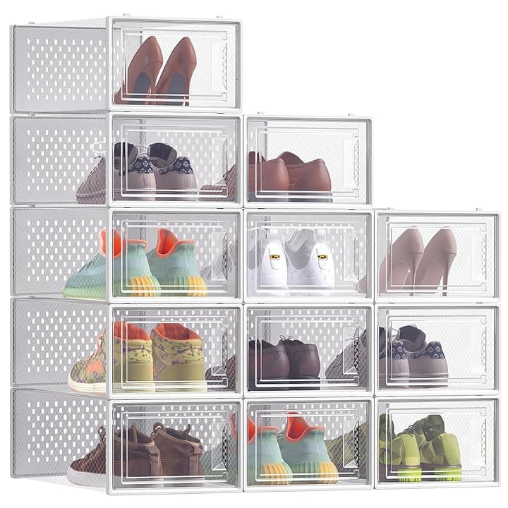 SONGMICS Scatole per Scarpe, Contenitori per Scarpe, Organizzatori Portascarpe Pieghevoli e Impilabili, Fino alla Taglia 43, Set di 12, Trasparente e Bianco Nuvola LSP066W12 Global Recycled Standard