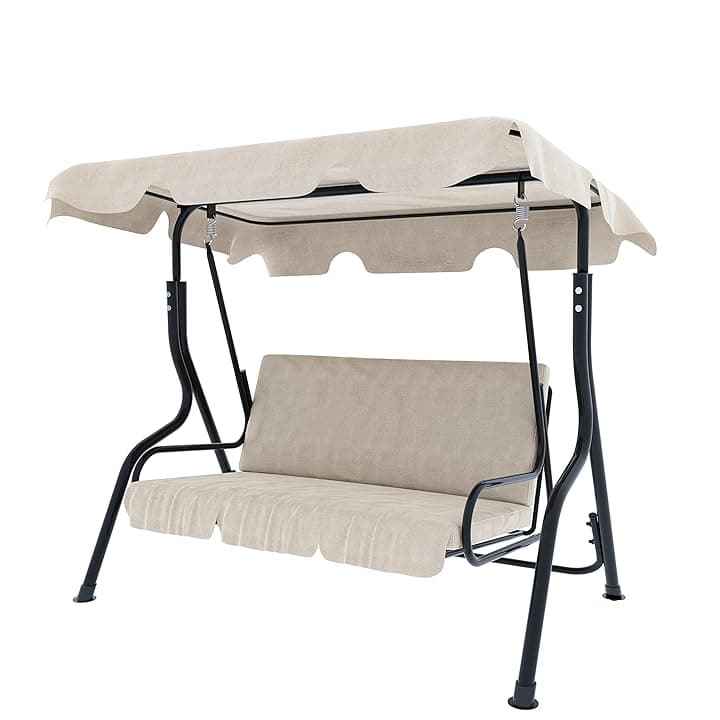 Dondolo 3 Posti Con Tettuccio Parasole Regolabile Cuscini Imbottiti Struttura Robusta In Acciaio Verniciato Da Esterno Giardino Balcone Terrazzo Piscina 170 x 110 x 153 Cm (Beige)