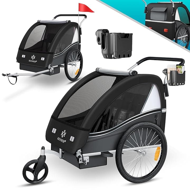 KESSERยฎ Sport-RX - Rimorchio per bicicletta 2 in 1, per chi fa jogging, per bambini + cintura di sicurezza a 5 punti, rotella anteriore orientabile a 360ยฐ, da 1 a 2 bambini, massimo 40 kg