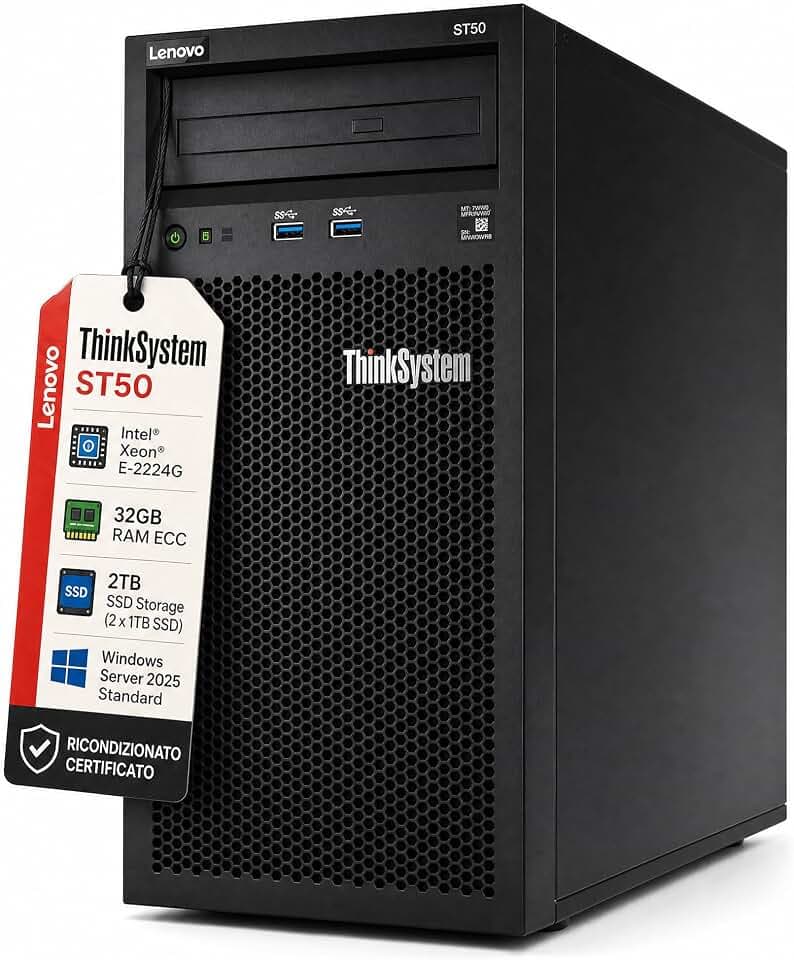 Lenovo Server ThinkSystem ST50 - CPU Intel Xeon E-2224G, 32 GB di RAM ECC, 2 SSD da 1 TB, Win Server 2025 Standard (ricondizionato)