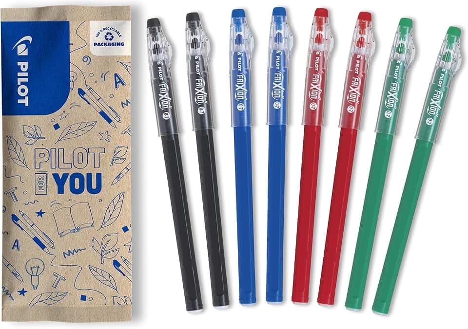 PILOT - Set di 8 FriXion Ball Stick - Penna a Inchiostro Termosensibile Cancellabile - La FriXion Economica - 2 Nero, 2 Blu, 2 Rosso, 2 Verde - Punta Media