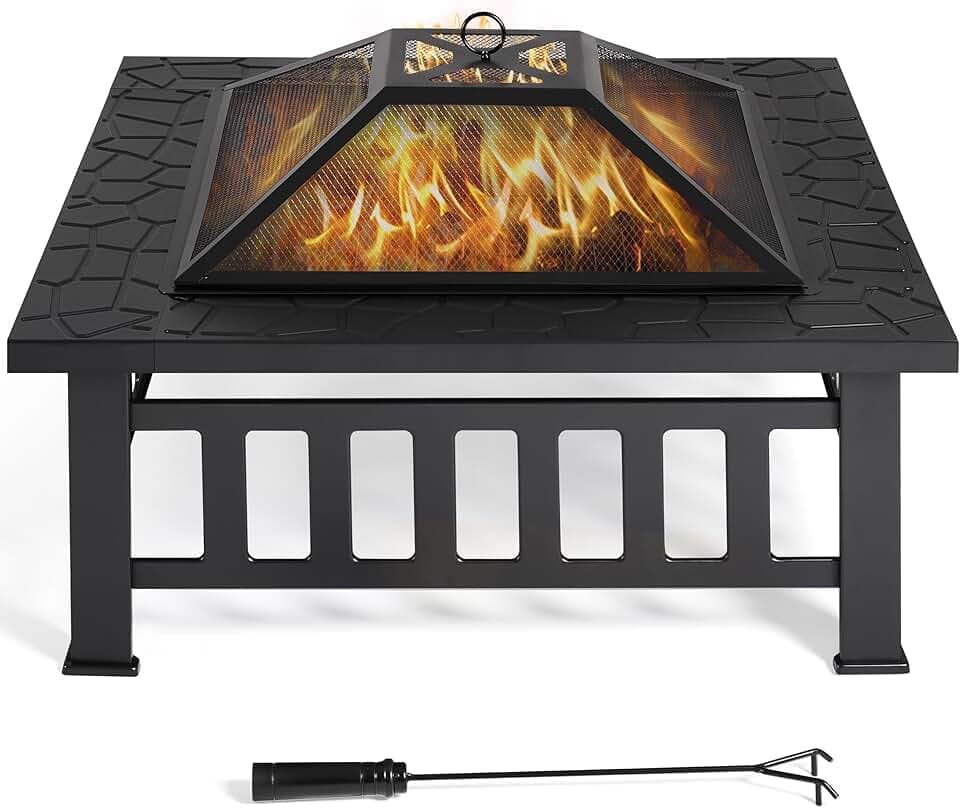 Yaheetech Braciere da Giardino Esterno Campeggio per Riscaldamento Tavolo Quadrato in Ferro con Copertura Nero 86 x 86 x 54 cm