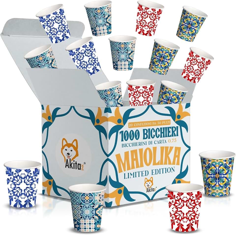 AKITAInk 1000 Bicchierini Caffè Carta 75ml – Design Maiolika, Maiolica Costiera Amalfitana, Vietri, Amalfi, Sorrento