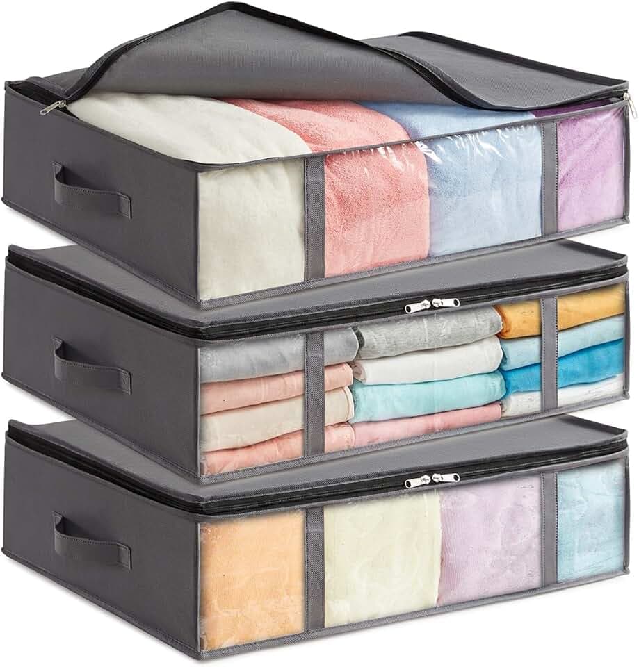Lifewit Contenitori Sottoletto, Scatole Vestiti con Finestra Frontale Trasparente, Organizer per Armadi e Contenitori per Asciugamani, Vestiti, Coperte, Grigio, 40 L, 3 Pezzi