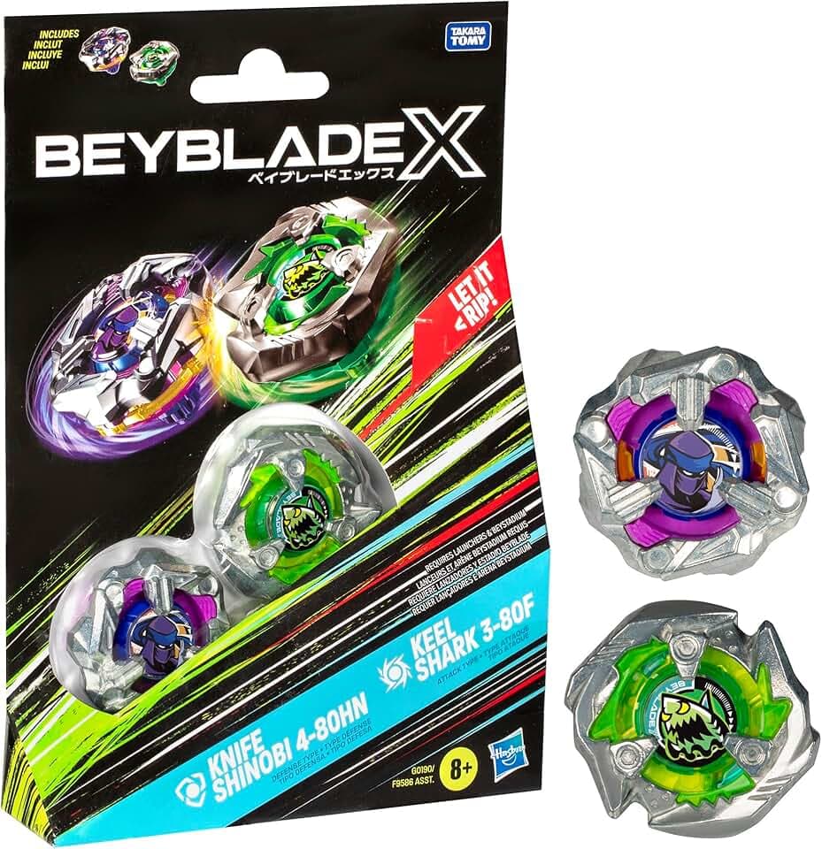 Hasbro Beyblade X con Knife Shinobi 4-80HN e Keel Shark 3-80F, Gioco di Strategia per Bambini e Famiglie con 2 Trottole Giocattolo, Giochi per Feste con Amici