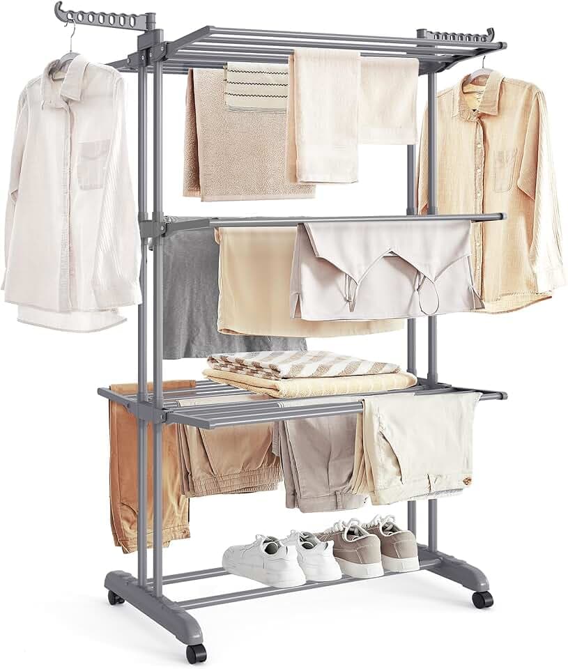 SONGMICS Stendibiancheria, Stendino Pieghevole a 4 Livelli, con Ruote e Ali Richiudibili, 63,5 x 128 x 173 cm, Capiente, Uso Interno ed Esterno, Grigio LLR701G01