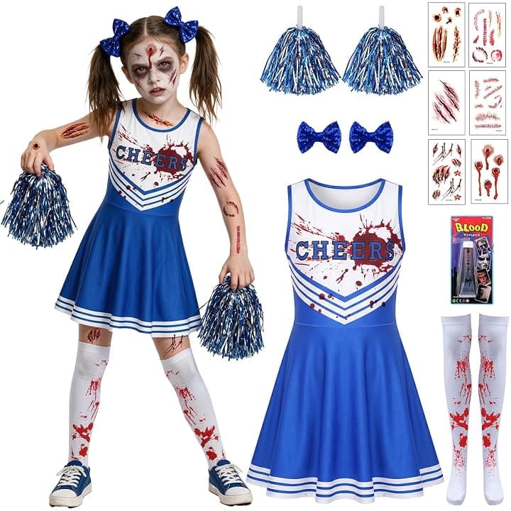 Cheerleader Zombie Bambina, Sanguinoso Costume Cheerleader Halloween, Vestito Zombie Bambina con Pom poms Fascia da Capelli Calzini Cicatrici Tatuaggio Sangue Falso, Cheer-leader Zom-bie per Party
