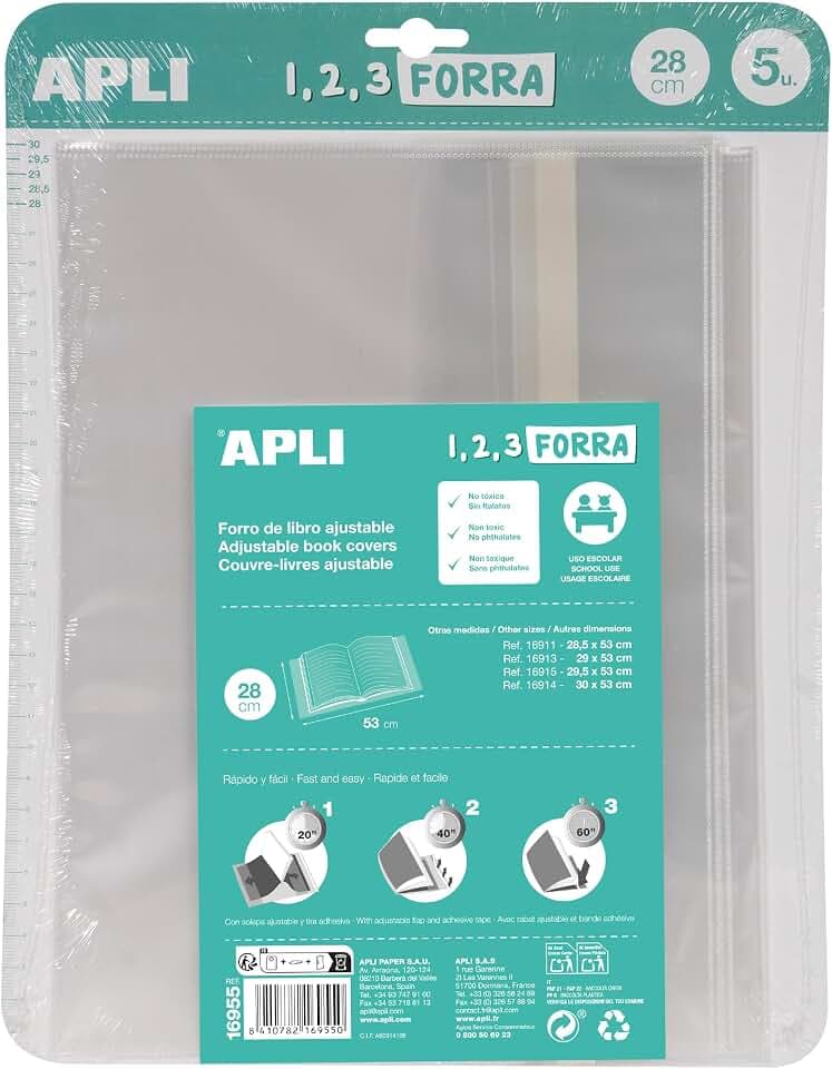 APLI 16955 - Confezione da 5 copertine per libri, con aletta regolabile in PP (polipropilene), 280 mm