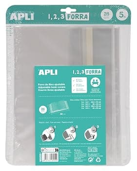 APLI 16955 - Confezione da 5 copertine per libri, con aletta regolabile in PP (polipropilene), 280 mm