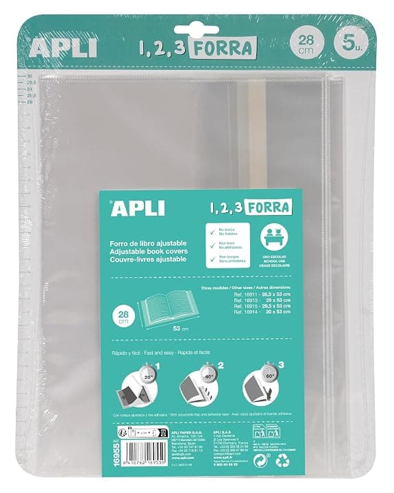APLI 16955 - Confezione da 5 copertine per libri, con aletta regolabile in PP (polipropilene), 280 mm