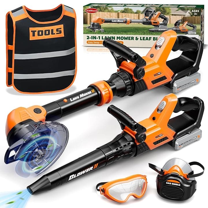 KidBloom 2 in 1 Attrezzi da Lavoro Bambini, Decespugliatore Giocattolo & Soffiatore Foglie con Suoni, Giochi da Giardino per Bambini, Giochi Bambino 3 Anni