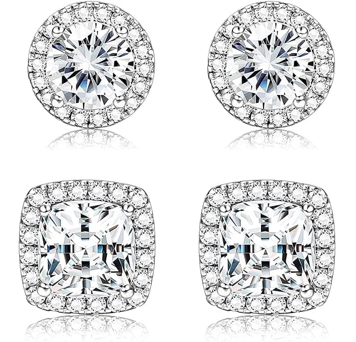 Dochais 2 Paia Orecchini Argento Sterling 925 Uomo Donna Orecchini Diamante Zirconi Cubici Quadrati Rotondi Brillantino Set Orecchino a Lobo Ipoallergenici Placcati Oro 14K Simulato Halo Argento/Oro