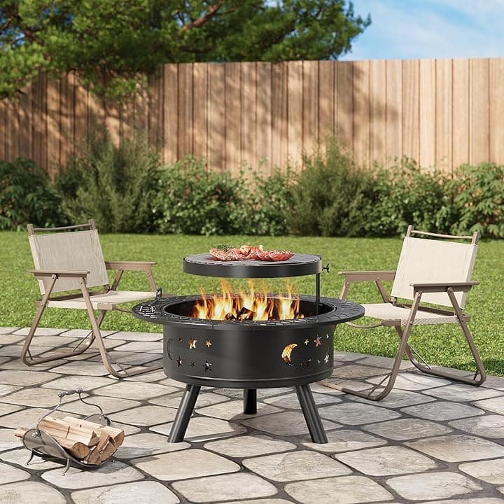 Xbro Ø89 cm Braciere con griglia e attizzatoio, bracieri da giardino, braciere multifunzionale con attizzatoio per giardino, riscaldamento, terrazza, falò e campeggio, Nero Recycled Claim Standard Blended