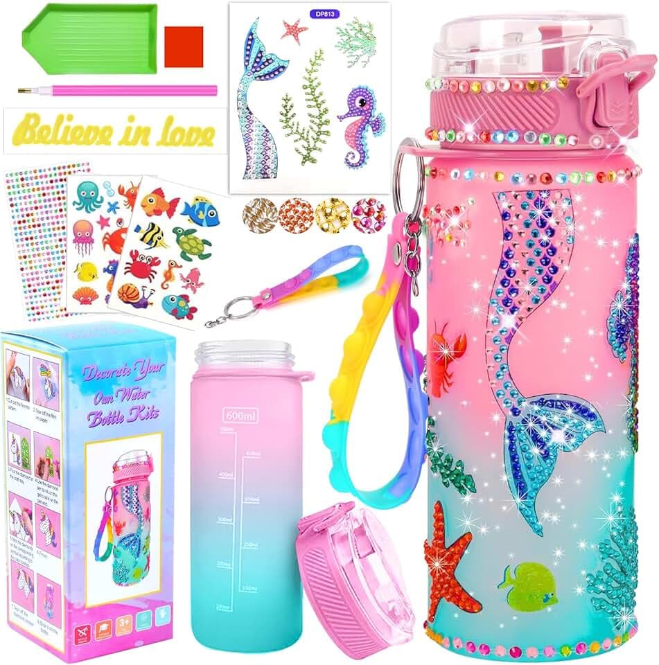 PUWOWYE Regalo Sirena per Ragazza 5-10 anni, Kit di Artigianato Bottiglia da bere per Bambini, Bottiglia D'acqua Artigianato Diamante Pittura Bambini Compleanno Giocattoli per Ragazze 4-12 anni