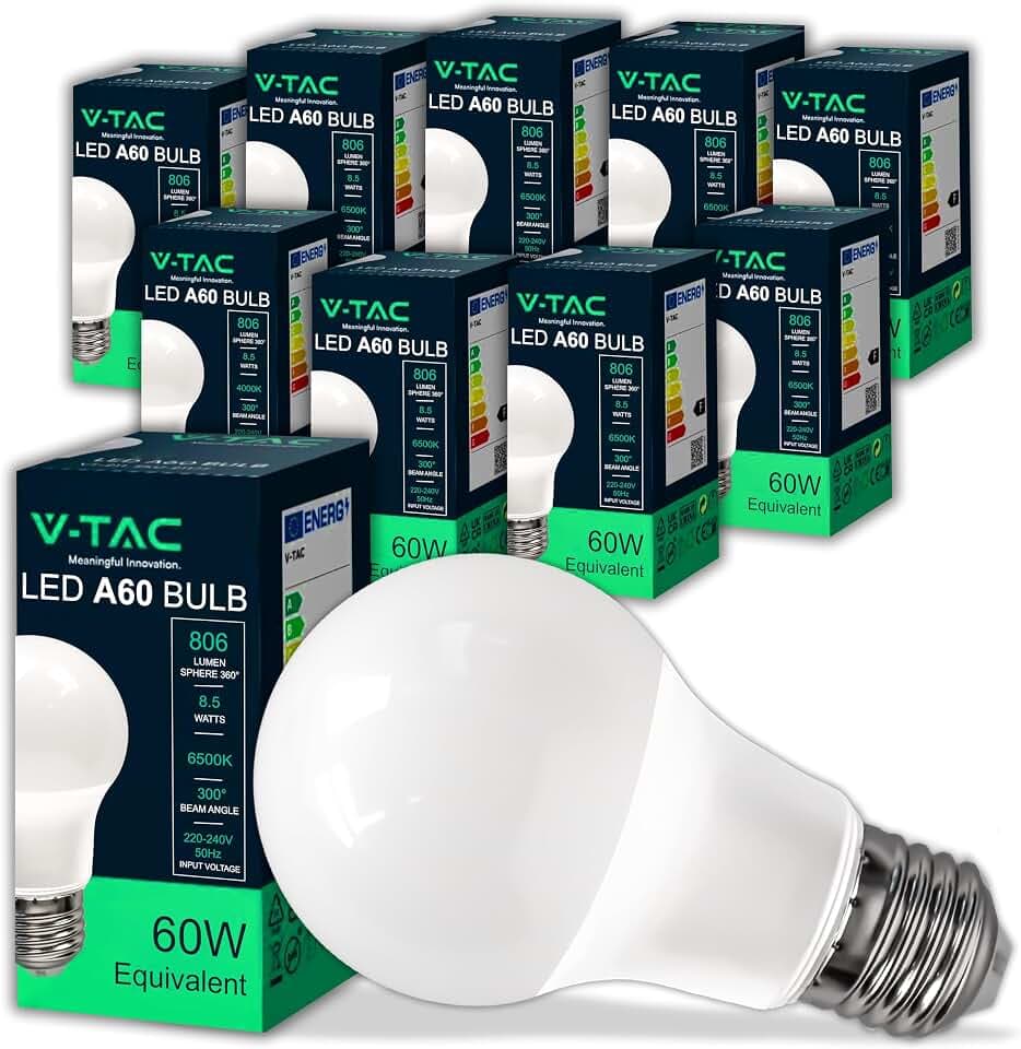 V-TAC 10x Lampadine LED con Attacco E27 8,5W (Equivalenti a 60W) A60 - Lampadine di Nuova Generazione - 806 Lumen - Massima Efficienza e Risparmio Energetico - 6500K Luce Bianca Fredda