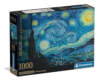 Clementoni - Puzzle Van Gogh 1000 Pezzi Arte per Adulti e Ragazzi, Museum Collection, Tema Notte Stellata, con Poster Incluso, Compact Box, Idea Regalo Uomo e Donna, Made in Italy, 70x50 cm, 37065