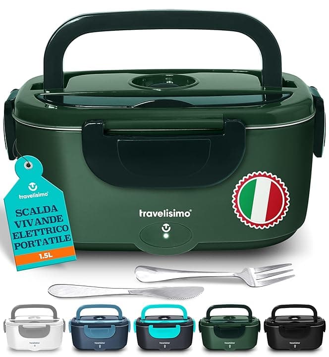 TRAVELISIMO Scaldavivande Elettrico Portatile 100W 1,5L Porta Pranzo Termico 220V/12V/24V Scalda Vivande Portatile Elettrico per Viaggio e Lavoro Portavivande Termico & Porta Pranzo Riscaldabile