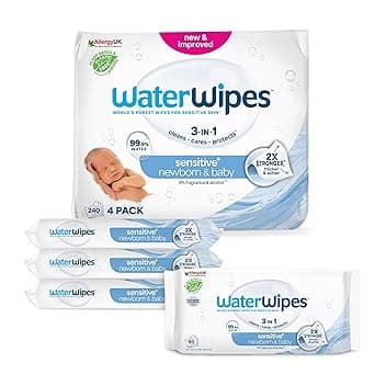 WaterWipes Sensitive+ Newborn & Baby Wipes, Salviettine per Neonati e Bambini, 240 Pezzi (4 Confezioni), Deterge, Cura, Protegge, 99,9% Acqua, Senza Profumo OEKO-TEX STANDARD 100
