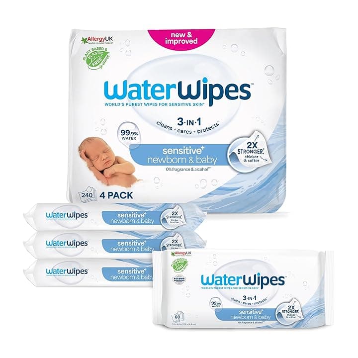 WaterWipes Sensitive+ Newborn & Baby Wipes, Salviettine per Neonati e Bambini, 240 Pezzi (4 Confezioni), Deterge, Cura, Protegge, 99,9% Acqua, Senza Profumo OEKO-TEX STANDARD 100