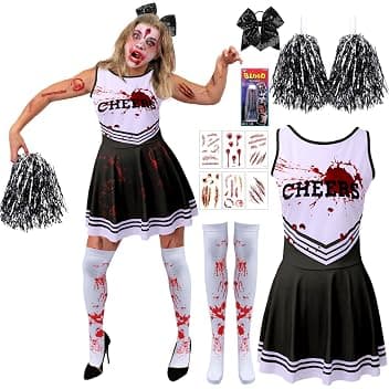 Cheerleader Zombie Donna, Fantasia Costume Cheerleader Halloween, Vestito Cheer-leader Halloween con Pom poms Fascia da Capelli Calzini Cicatrici Tatuaggio Sangue Falso, Cheer-leader Zombie per Party