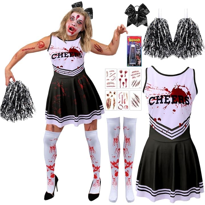 Cheerleader Zombie Donna, Fantasia Costume Cheerleader Halloween, Vestito Cheer-leader Halloween con Pom poms Fascia da Capelli Calzini Cicatrici Tatuaggio Sangue Falso, Cheer-leader Zombie per Party