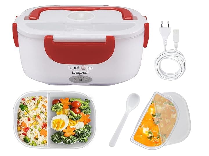 BEPER - Scaldavivande Elettrico Portatile, 2 Contenitori Removibili, Piastra Riscaldante in Acciaio, Posate di Plastica in Dotazione, 220V - Rosso