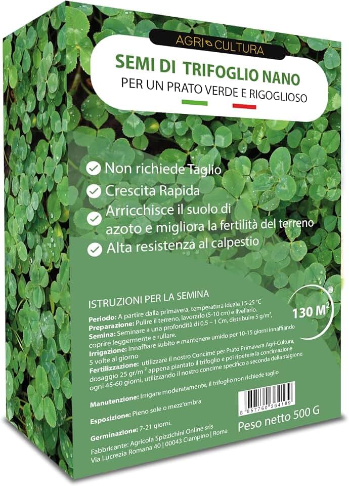 AGRI-CULTURA® | Semi Trifoglio Nano 130 m² | Prato Sempre Verde Senza Taglio | Fissa l' Azoto migliorando la struttura del terreno | Alta Resistenza al Freddo | Ideale Sole e Ombra.