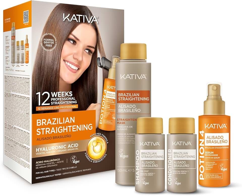 KATIVA Kit Lisciante Brasiliano alla Cheratina con Acido Ialuronico e Siero Termoprotettore Potion 4 – Trattamento Lisciante Senza Formaldeide a Casa – Fino a 12 Settimane Anti-Crespo