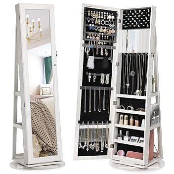 SONGMICS SONGMICS Armadietto Portagioie Girevole a 360° Specchio a Figura Intera, Specchiera Portagioielli con Serratura, Specchietto Interno, Ripiani sul Retro, Bianco con Venature Grigie Chiare JBC62W The Forest Stewardship Council