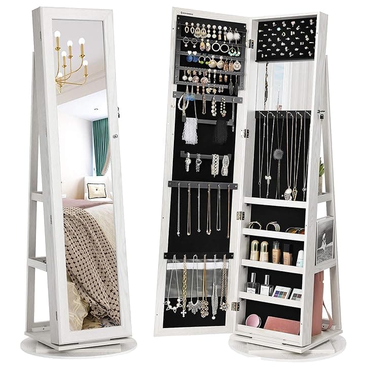 SONGMICS SONGMICS Armadietto Portagioie Girevole a 360° Specchio a Figura Intera, Specchiera Portagioielli con Serratura, Specchietto Interno, Ripiani sul Retro, Bianco con Venature Grigie Chiare JBC62W The Forest Stewardship Council