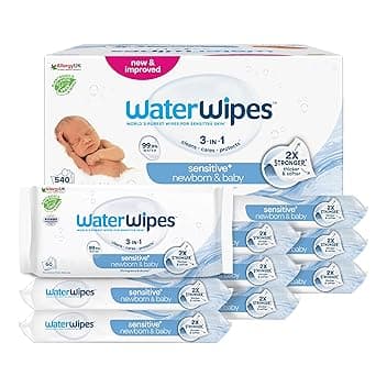 WaterWipes Sensitive+ Newborn & Baby Wipes, Salviettine per Neonati e Bambini, 540 Pezzi (9 Confezioni), Deterge, Cura, Protegge, 99,9% Acqua, Senza Profumo OEKO-TEX STANDARD 100