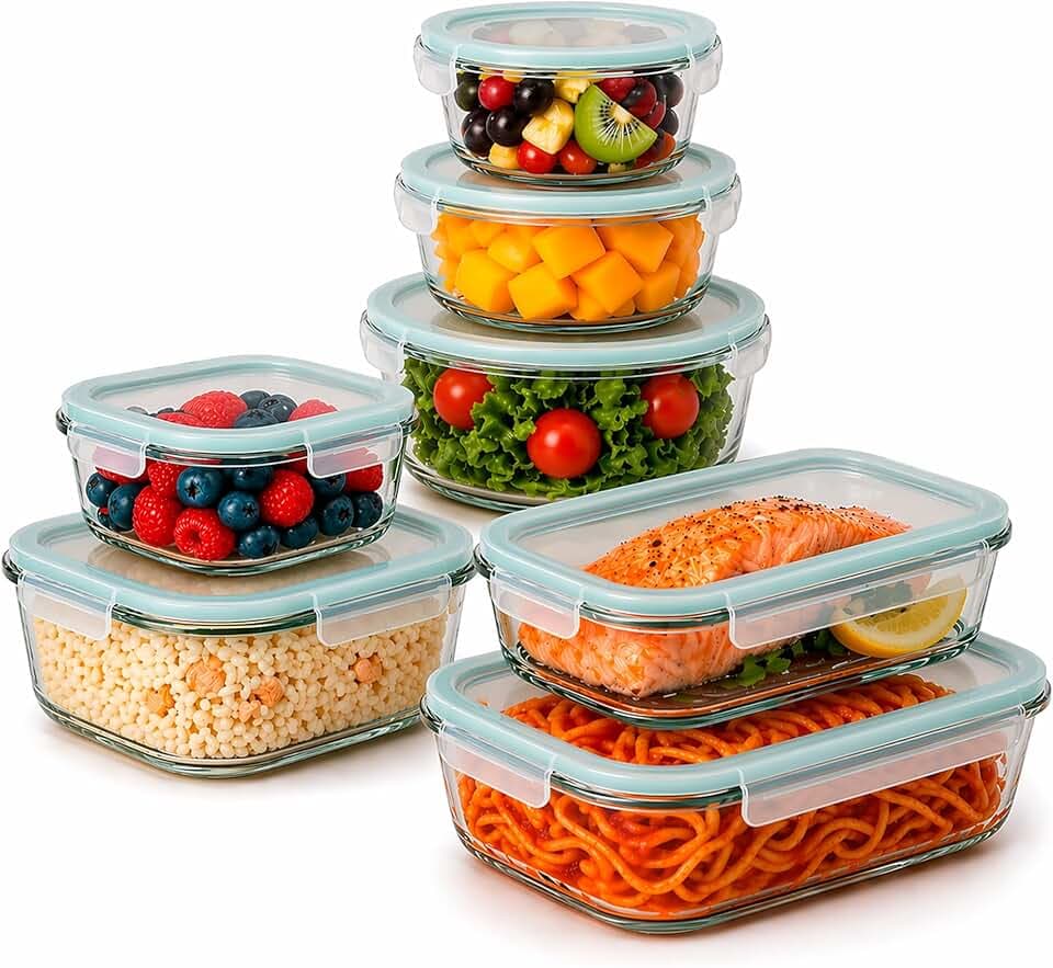 edihome, Contenitori Ermetici per Alimenti Vetro, 8,14 o 18 pezzi (contenitori + coperchi), a tenuta d'aria, a prova di perdite - Senza BPA, approvato dalla FDA e dal FSC (7 contenitori)