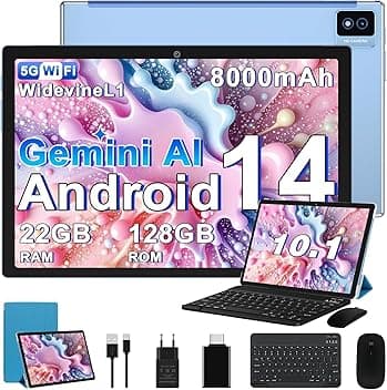 Tablet 10 Pollici Tablets Android Octa-Core 2.0 GHz, 22GB RAM+128GB ROM (1TB TF) 5G/2.4G WiFi 6, Widevine L1/GMS/Involucro in metallo/BT5.0/8000mAh/5+8MP, Tablet con Tastiera e Mouse - Blu