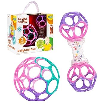 Bright Starts Delightful Duo Set Regalo 2 Pezzi con Sonagli Oball Facili da Afferrare, Giocattoli Neonato, Rosa